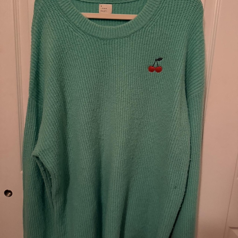 a new day Mint Sweater with Cherry Embroidery